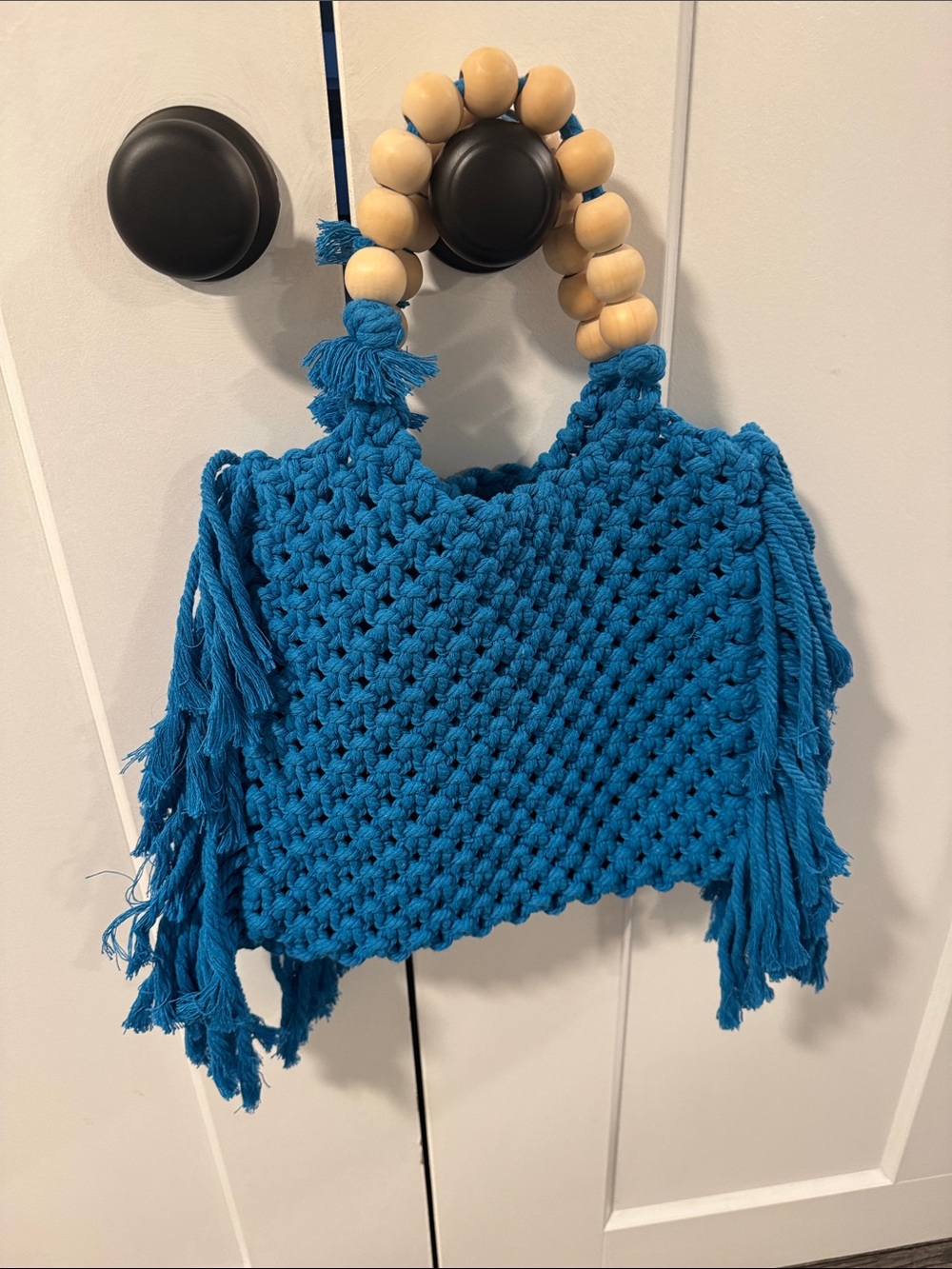 Handmade Blue Macramé Tote with Wooden Bead Handles